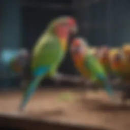 Colorful parakeets in a spacious cage