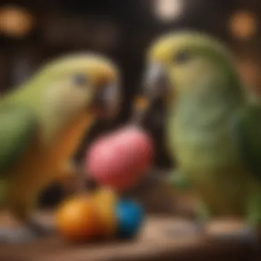 Parakeet interacting with a chewable toy