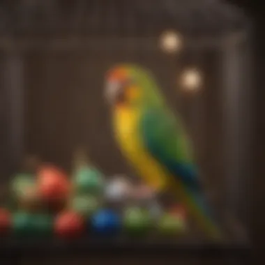 Colorful parakeet toys hanging in a cage