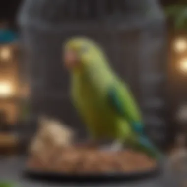 A parakeet happily playing inside its well-maintained flight cage.