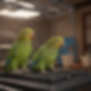 A close-up view of essential interior setups for a parakeet flight cage.