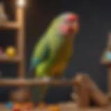 A colorful parakeet perched on a wooden play stand with toys.