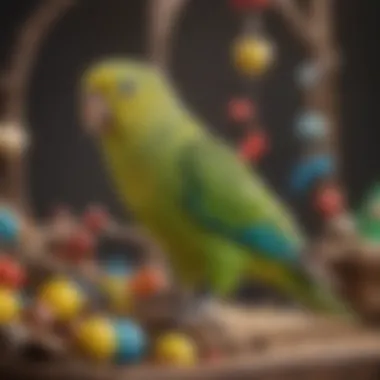 A parakeet interacting with hanging toys on a play stand.