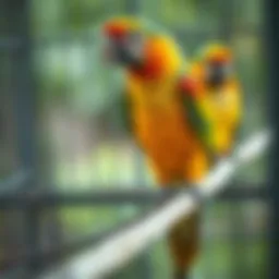 Colorful parrot perched on a well-maintained cage tray