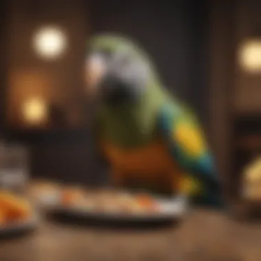 Parrot Enjoying a Balanced Meal Parrot enjoying a balanced meal in a safe feeding environment
