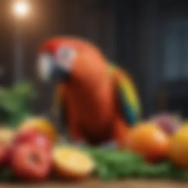 A variety of fresh fruits and vegetables suitable for parrots