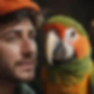 A close-up of a parrot interacting with its owner, highlighting their social nature