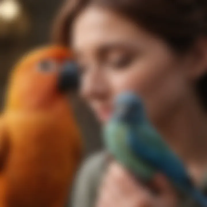 A bird owner gently interacting with their pet bird, depicting positive reinforcement