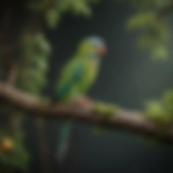 A vibrant parakeet perched on a branch, showcasing natural behavior in its environment.