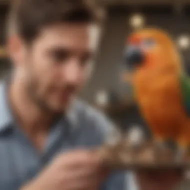 A bird owner engaging in training with a pet bird, demonstrating positive reinforcement techniques.