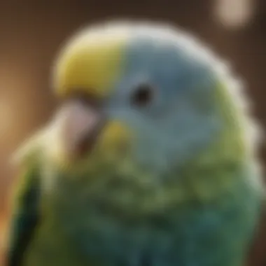 A close-up of a budgerigar with its feathers fluffed in a bluffing stance.