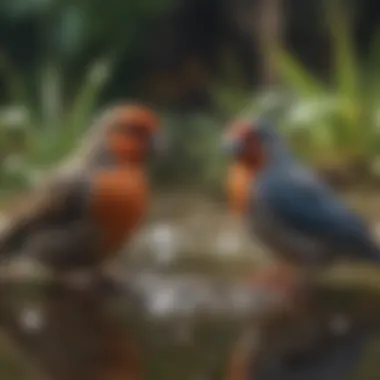 A serene scene with multiple pet birds interacting and bobbing