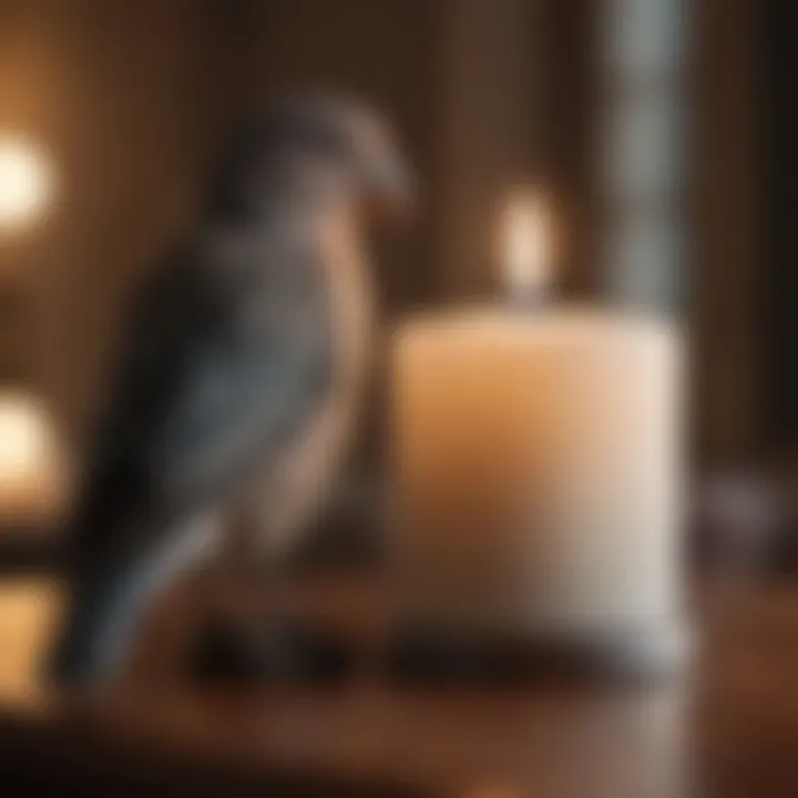 A candle lit in honor of a beloved pet bird