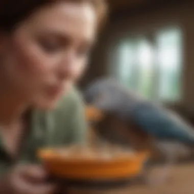 A close-up of a bird owner providing a feeding dish to their pet bird, demonstrating caregiver involvement