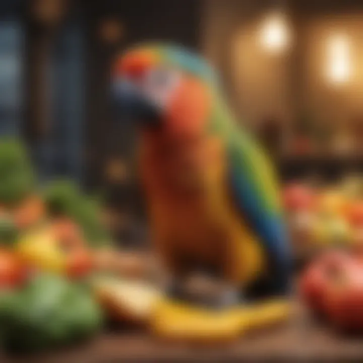 A colorful parrot enjoying fresh fruits and vegetables, illustrating healthy feeding practices