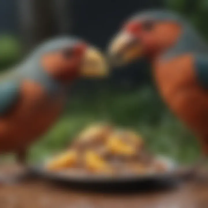 A serene environment where various pet birds are seen eating together, promoting social feeding behaviors