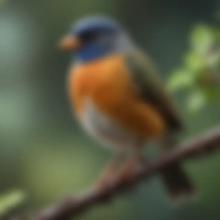 A happy bird perched on a branch, attached to a leash