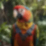 A colorful parrot wearing a harness in a lush garden