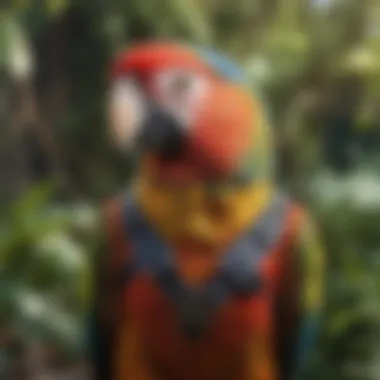 A colorful parrot wearing a harness in a lush garden