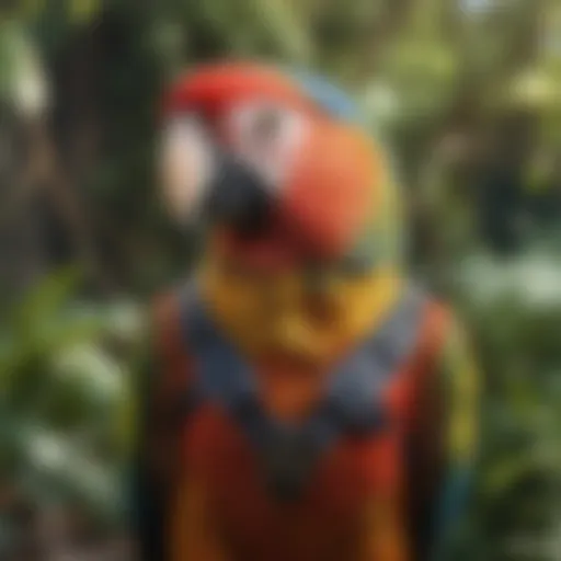 A colorful parrot wearing a harness in a lush garden