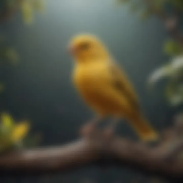 A canary perched and preparing to jump off a branch