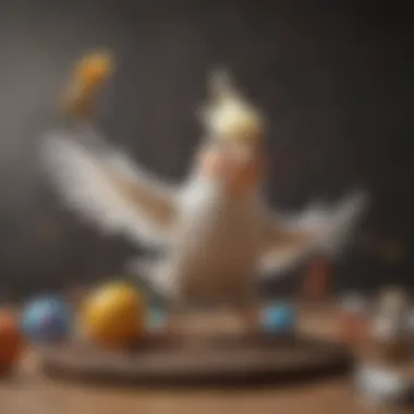 Playful Cockatiel Jumping with Toys A cockatiel displaying playful jumping behavior with toys