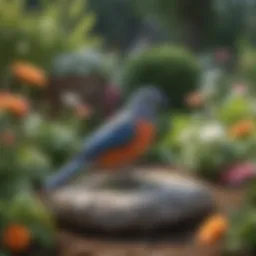 A serene garden setting with a memorial stone for a pet bird surrounded by flowers.