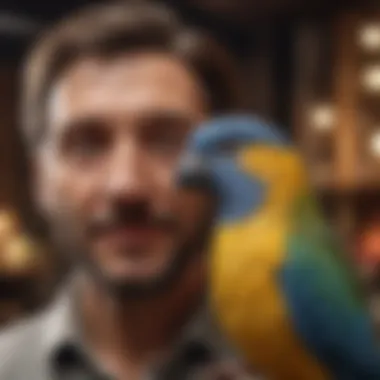 A happy pet bird with its owner, symbolizing care and attention.