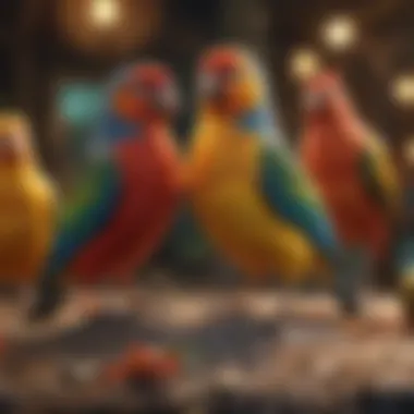 Colorful pet birds in a cheerful environment