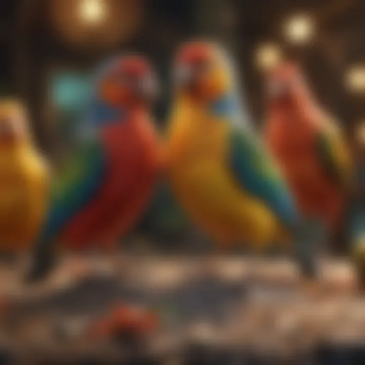 Colorful pet birds in a cheerful environment