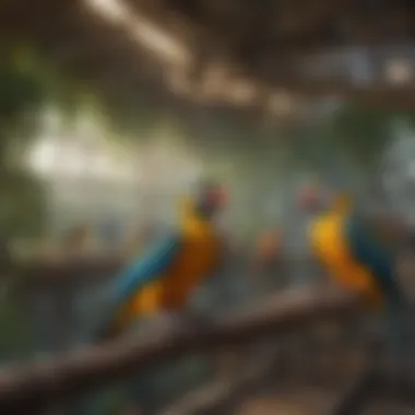 A beautifully designed aviary showcasing various colorful birds.