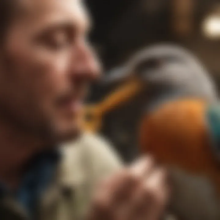 A close-up of a bird interacting joyfully with its owner