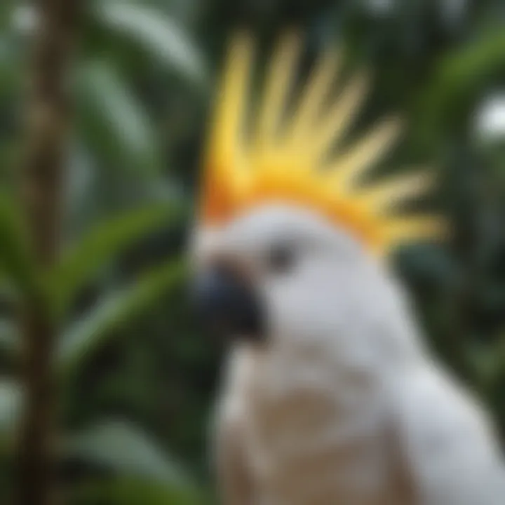 A vibrant Cockatoo perched on a branch in a tropical setting