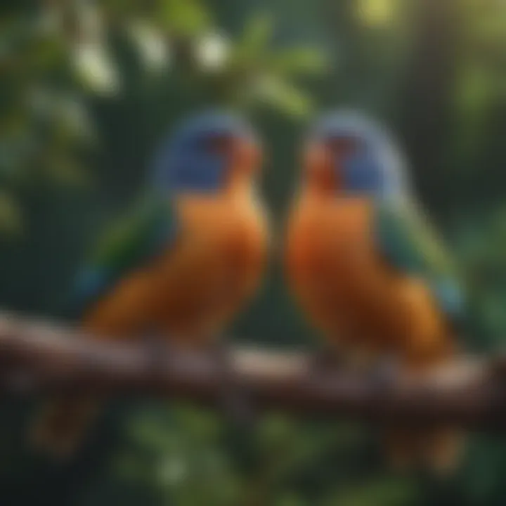 Colorful array of pet birds perched on a branch