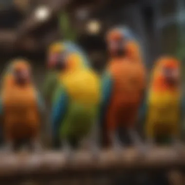 Diverse Pet Birds in an Aviary A colorful aviary showcasing various species of pet birds