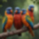 Colorful pet birds perched on a branch, showcasing their vibrant feathers