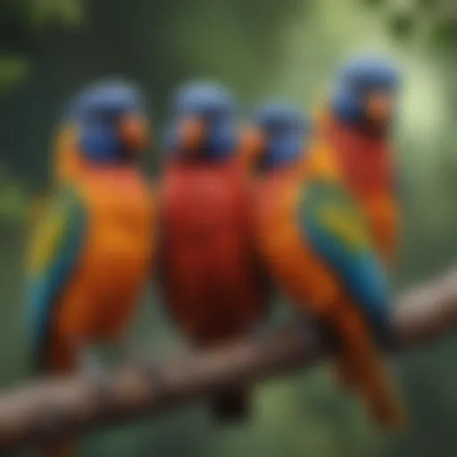 Colorful pet birds perched on a branch, showcasing their vibrant feathers