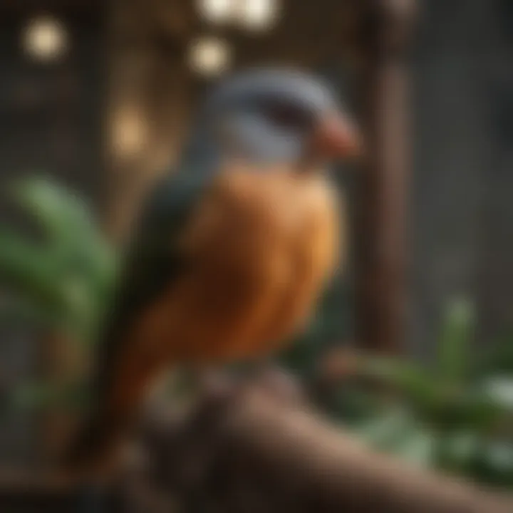 A variety of pet bird species in a spacious aviary, emphasizing their natural behaviors