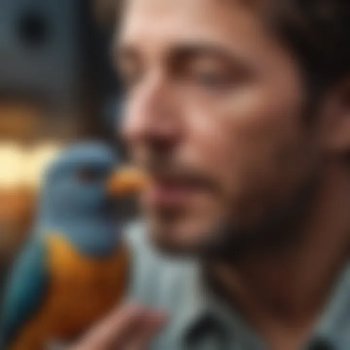 An intimate moment between a pet bird and its owner, highlighting companionship