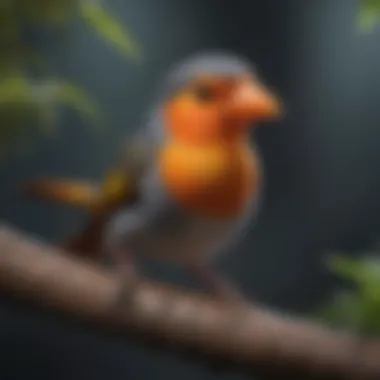 A vibrant pet bird with a striking orange beak perched on a branch.