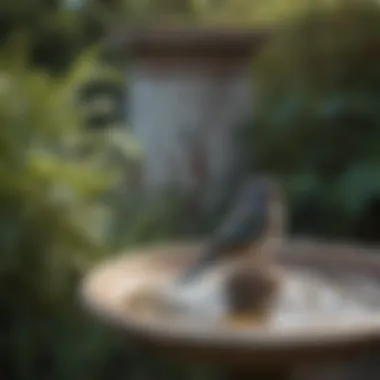 A serene outdoor setting with a birdbath attracting local birds