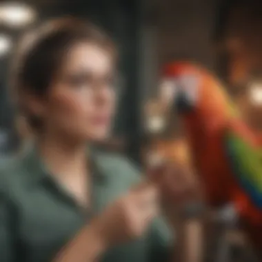 Bird owner engaging in playtime with a pet parrot