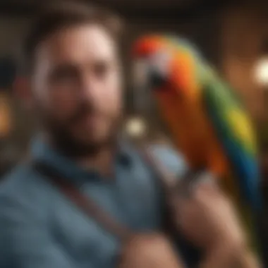 Bird and Owner Bonding Colorful parrot perched on a shoulder, showcasing the bond between bird and owner