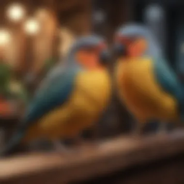 Playful Socialization A variety of pet birds in a playful environment, representing socialization