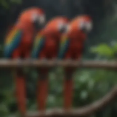 A serene setting with a macaw perched on a branch