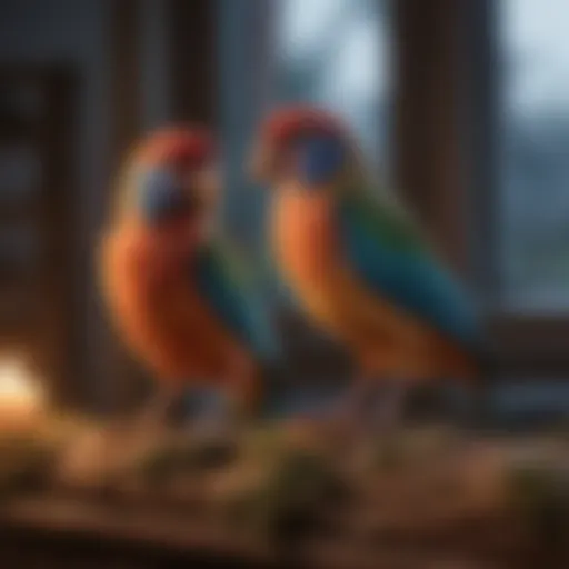 A colorful array of pet birds perched peacefully at dusk, embodying the tranquility of their natural sleep environment.