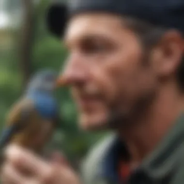 Trustful Interaction A joyful interaction between a bird and its caretaker, highlighting trust and companionship