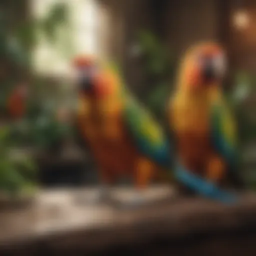 Colorful parrots perched safely in a lush environment