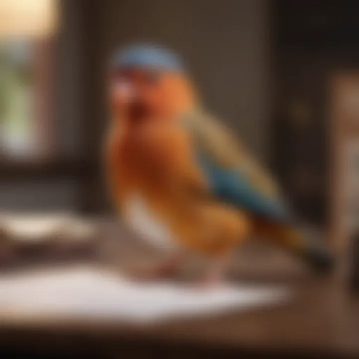 A happy bird owner reviewing insurance documents with their pet