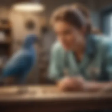 A serene scene of a bird vet examining a feathered patient